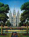 Colorful Painting of the Salt Lake Temple with horse drawn carriages going past. 