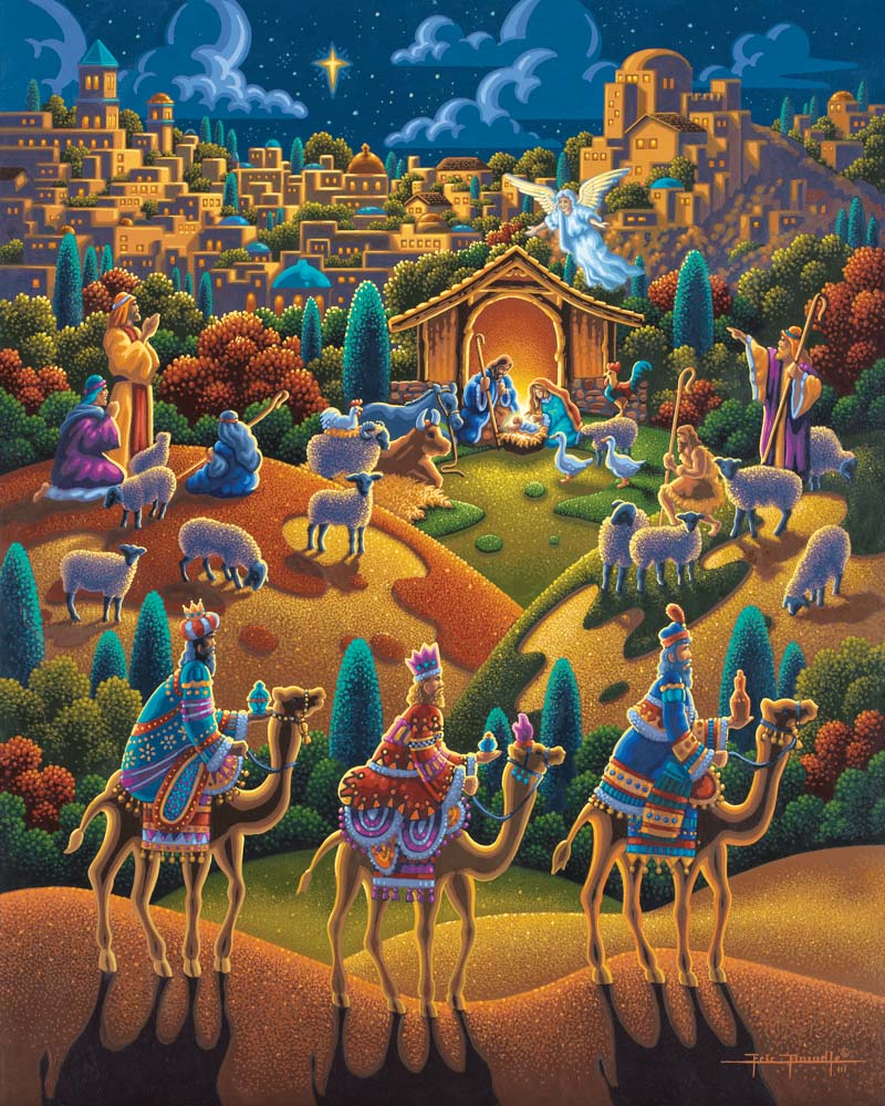 Colorful painting of three wise men on camels with the Nativity in the background. 