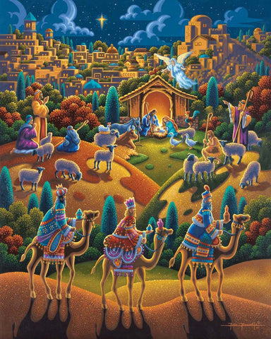 Colorful painting of three wise men on camels with the Nativity in the background. 