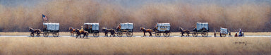 Painting of a train of covered wagon headed west across the plains. 