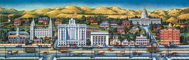 Painting of Salt Lake City in the 1920's including the Joseph Smith Memorial building. 