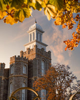 Logan Utah Temple in the fall with changing leaves. 