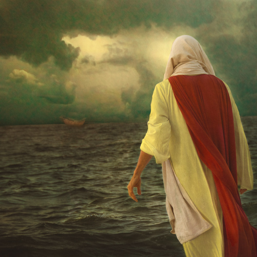 Jesus walking on the water toward the apostle's boat.