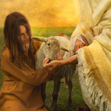 Picture of Jesus Christ and woman feeding a lamb.