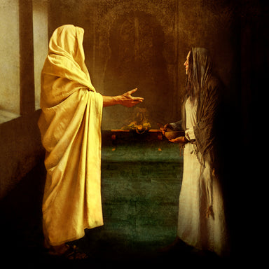 Jesus speaking with Mary who has stopped her chores to listen.