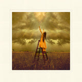 LDS art image of a girls standing on a ladder in a field, reaching up toward Heaven. Light and shines down on her.