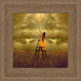 LDS art image of a girls standing on a ladder in a field, reaching up toward Heaven. Light and shines down on her.