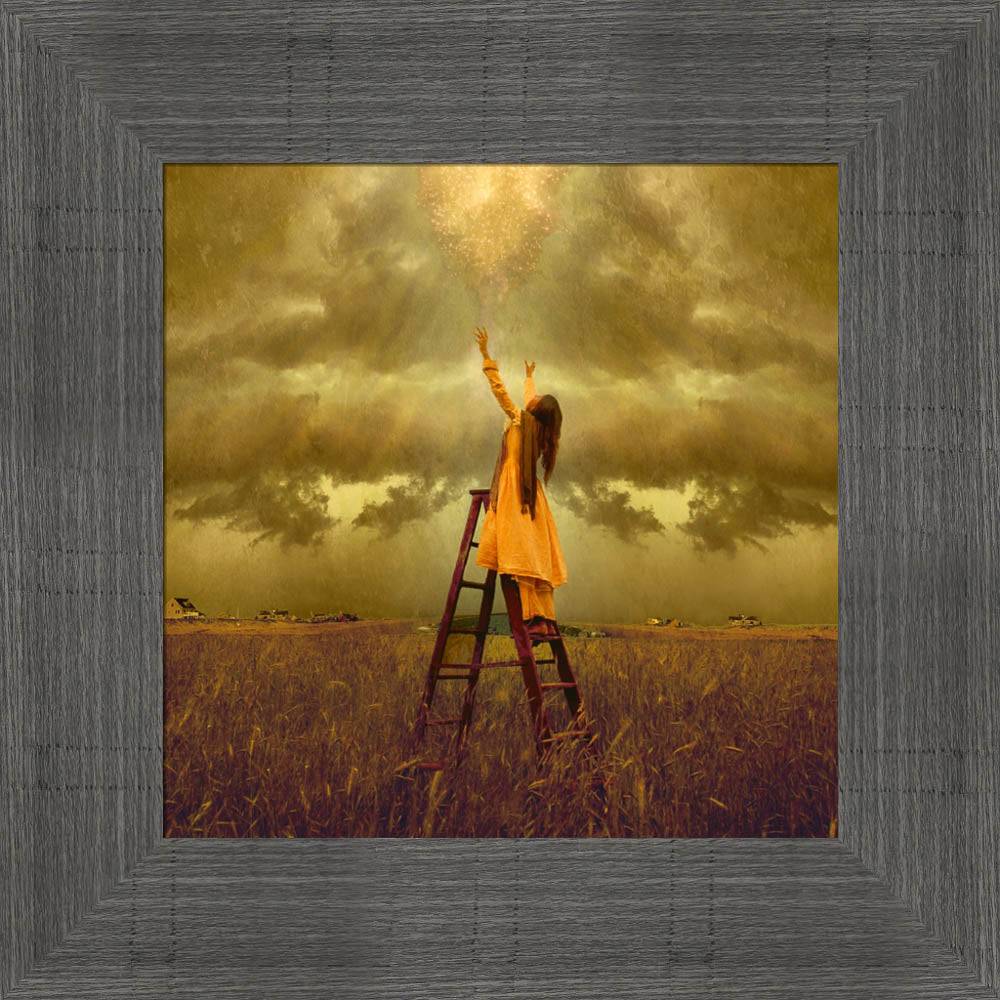 LDS art image of a girls standing on a ladder in a field, reaching up toward Heaven. Light and shines down on her.