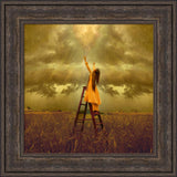 LDS art image of a girls standing on a ladder in a field, reaching up toward Heaven. Light and shines down on her.