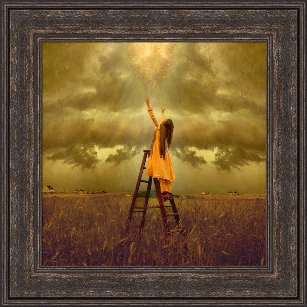 LDS art image of a girls standing on a ladder in a field, reaching up toward Heaven. Light and shines down on her.