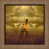 LDS art image of a girls standing on a ladder in a field, reaching up toward Heaven. Light and shines down on her.