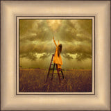 LDS art image of a girls standing on a ladder in a field, reaching up toward Heaven. Light and shines down on her.