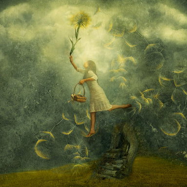A girl walks through the sky, holding a large dandelion. It's feathery seeds tumble down around her.
