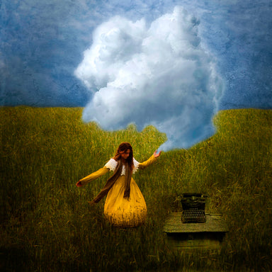 A young woman stands in a green field. Clouds come from her hand and are beginning to take shape.