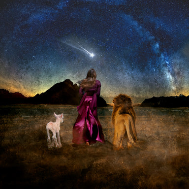 A woman stands between a lamb and a lion as they all watch a falling star.