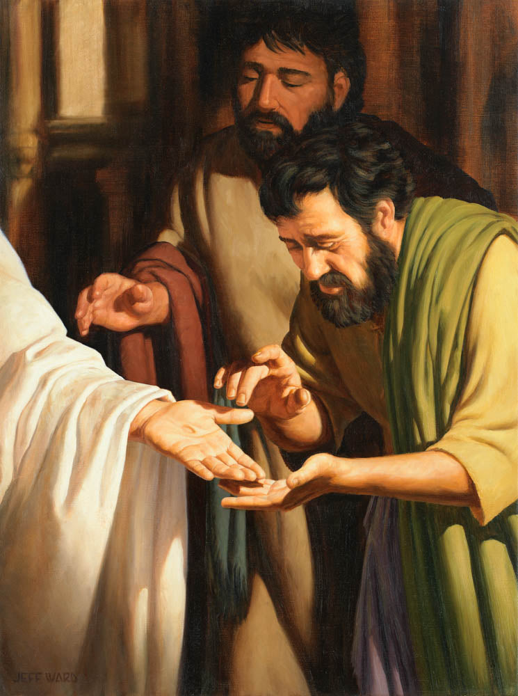 The risen Christ showing his apostals the wounds in his hand. 