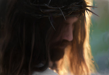 Heavily shaded image of Jesus' profile. His crown of thorns is silouhetted against the light. 