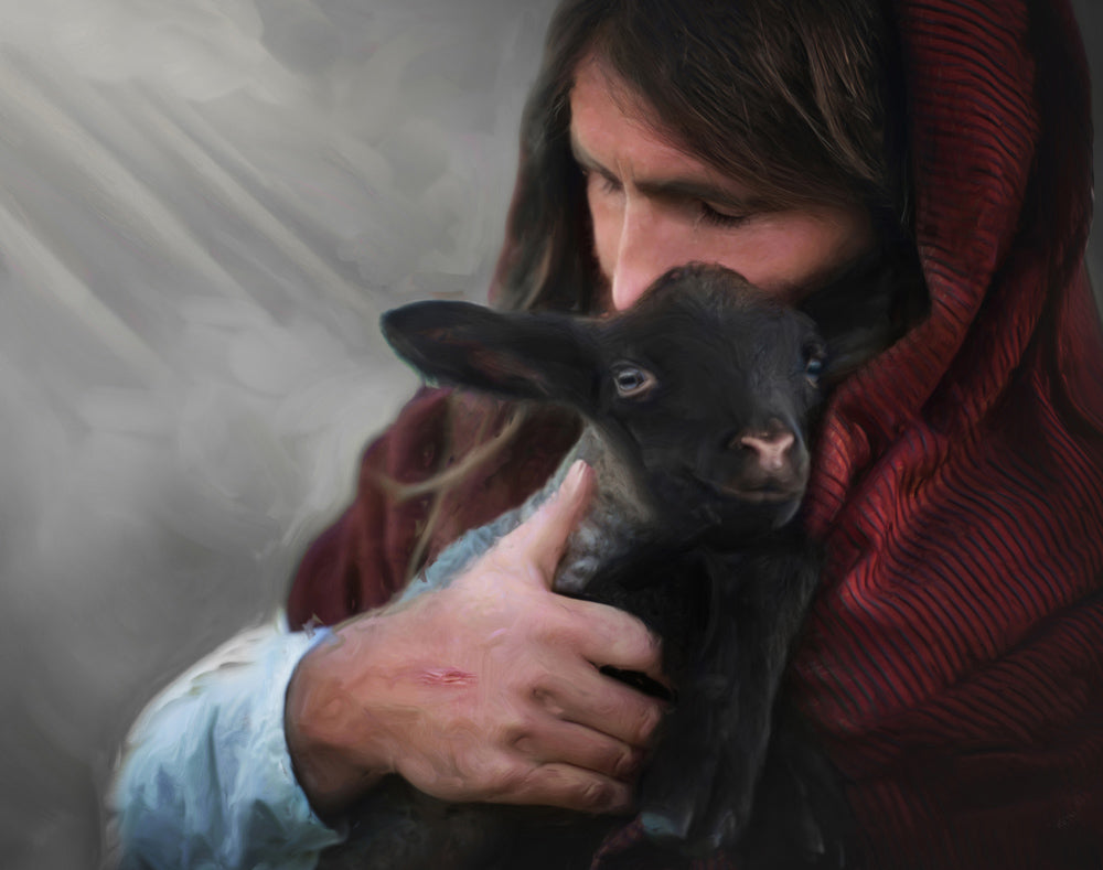 Jesus with his eyes shut hugging a black lamb tightly.