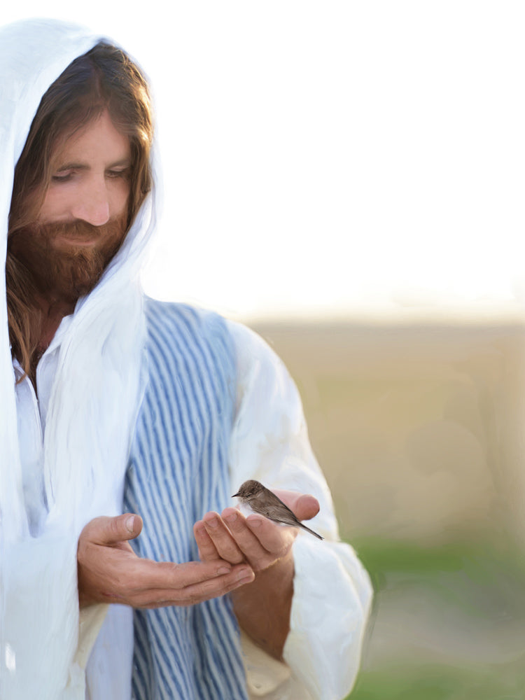 Jesus smiling and holding a small sparrow.