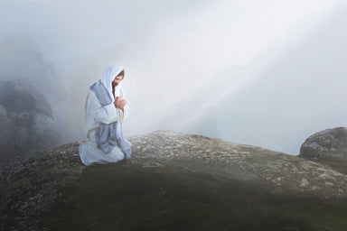 Jesus kneeling in prayer alone on a rock. 