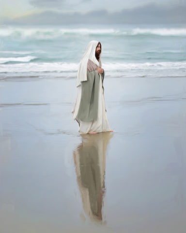 Jesus walking across a beach shore on a peaceful day.