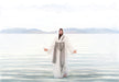 Resurrected Jesus Christ walking on water with arms outstretched.