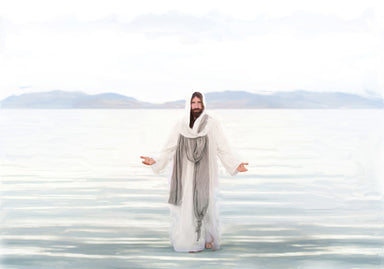 Resurrected Jesus Christ walking on water with arms outstretched.