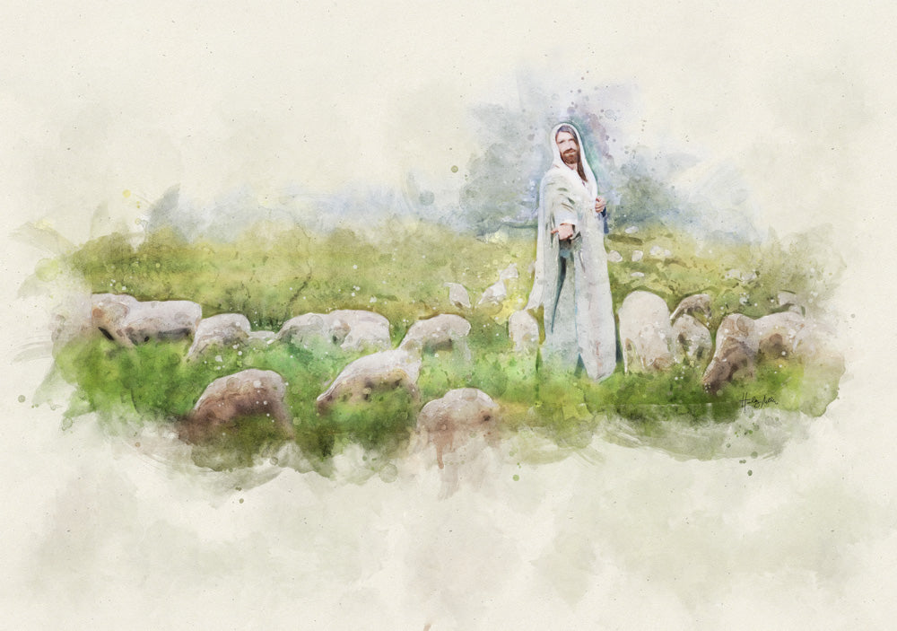 Watercolor painting of Jesus standing among a flock of sheep with his arm outstretched.