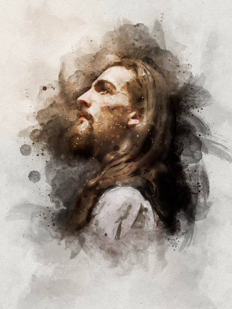 Water color portrait of Jesus Christ. He is looking up toward the Heaven.