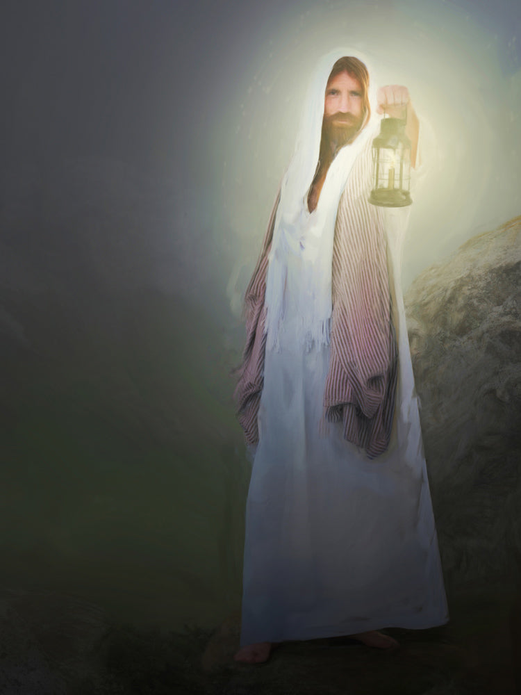 Jesus holding out a lamp toward the viewer, clearing the fog.