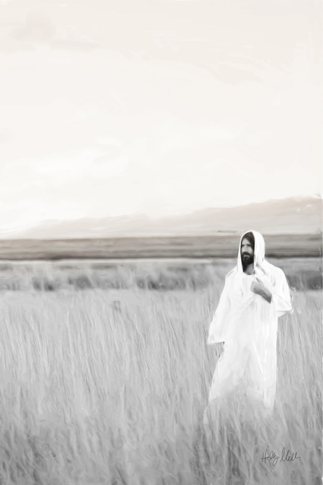 Black and white image of Jesus crossing a field.