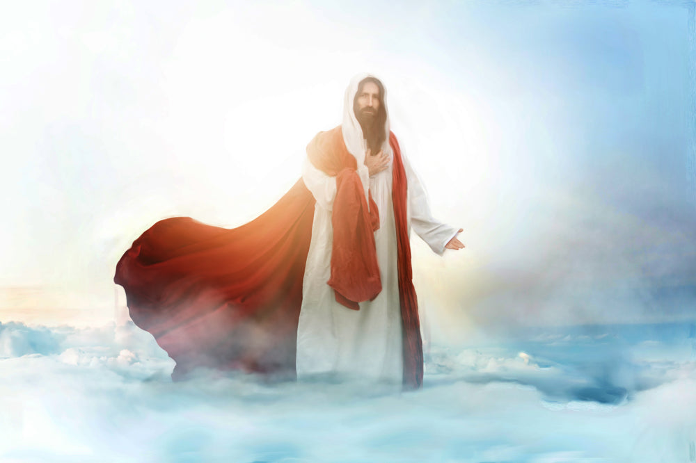 A resurrected Jesus with a red robe standing in the clouds with a hand over his heart and the other hand open to you.