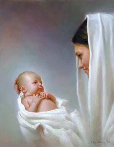 Women with white shall on her head looking at baby she is holding. 