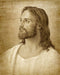Sepia colored sketch of Jesus looking to the left. 