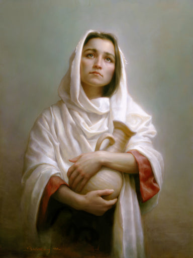 A women in a white shawl holding a pot looking up.  