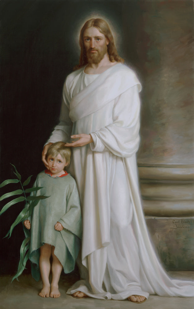 Jesus standing in a white robe with boy holding palm leaf next to him. 