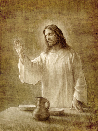 Sepia sketch of Jesus with his hand up next to a table with a pot. 