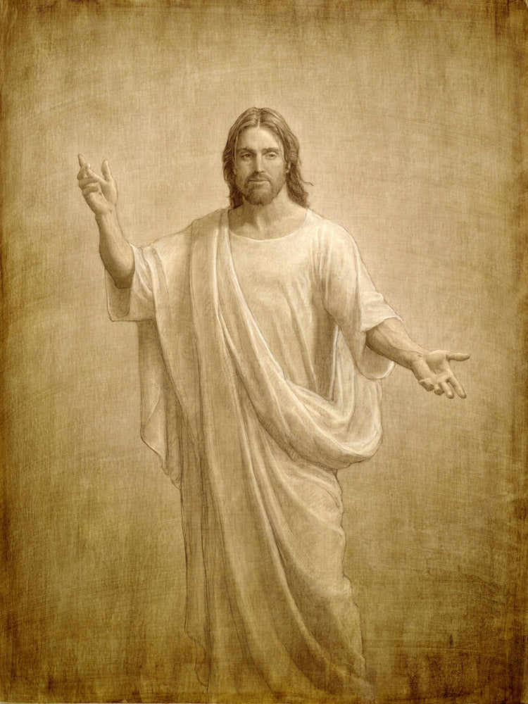 Sepia sketch of Jesus standing with one arm in the air and the other stretched out. 