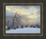 A line of people pushing handcarts through the snow. Art 7