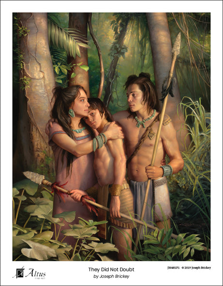 A mother comforting her two young warriors sons in the jungle. Art 6