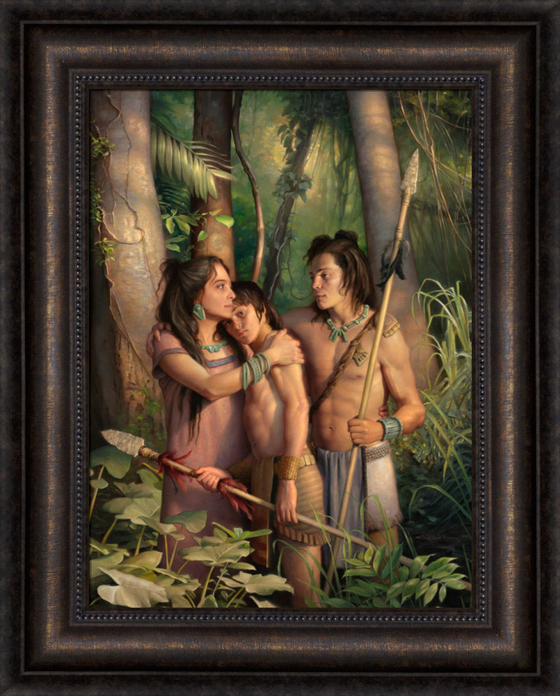 A mother comforting her two young warriors sons in the jungle. Art 7