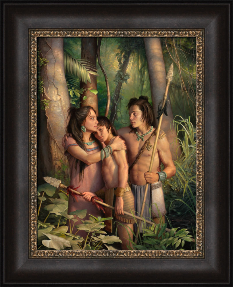 A mother comforting her two young warriors sons in the jungle. Art 8