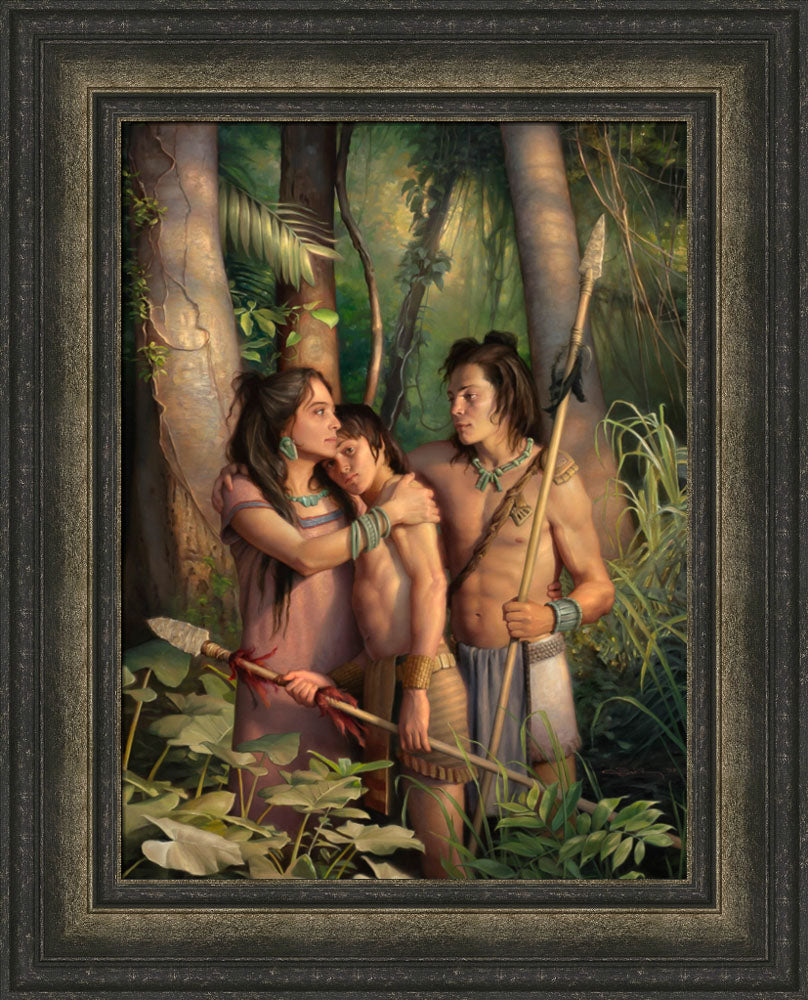 A mother comforting her two young warriors sons in the jungle. Art 9