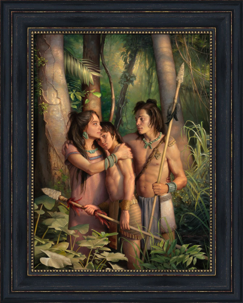 A mother comforting her two young warriors sons in the jungle. Art 10