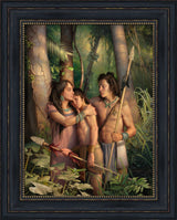 A mother comforting her two young warriors sons in the jungle. Art 10