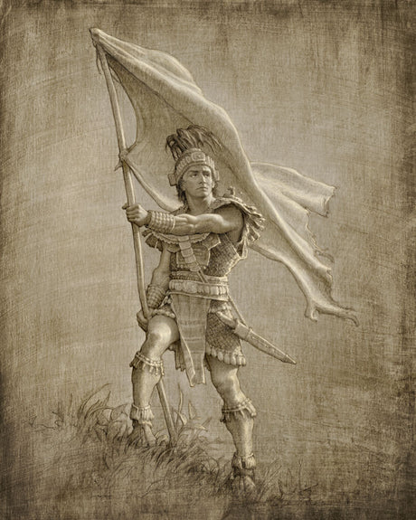 Sketch of a young solder from anicent times holding a large flag.  Art 