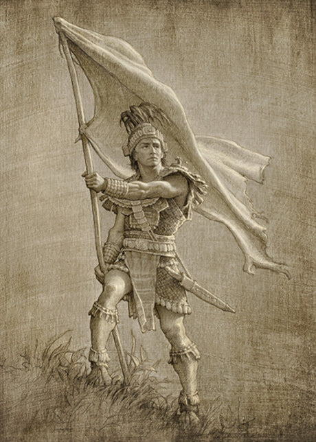 Sketch of a young solder from anicent times holding a large flag.  Art 5