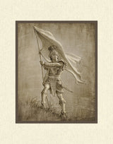 Sketch of a young solder from anicent times holding a large flag.  Art 19