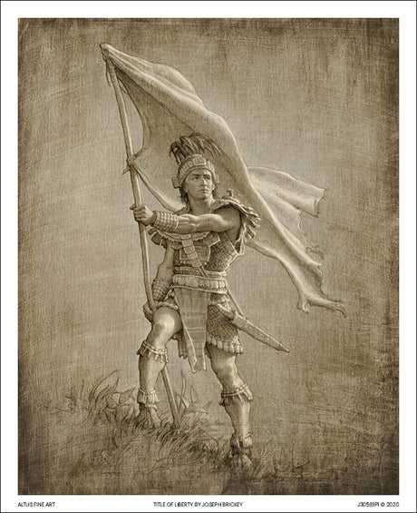 Sketch of a young solder from anicent times holding a large flag.  Art 6