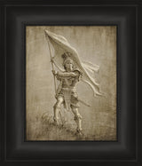 Sketch of a young solder from anicent times holding a large flag.  Art 17